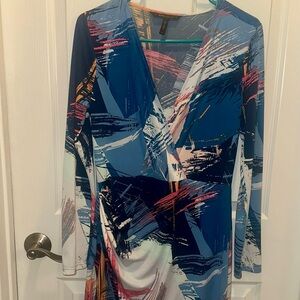 BCBGMaxAzria Blue and White Long Sleeve Asymmetrical Dress